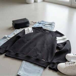 DKNY Black Top with Metallic Silver Stripes